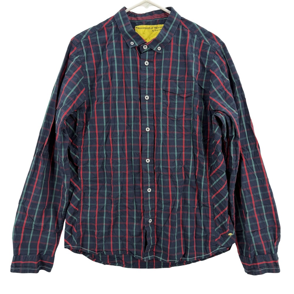 Descendant of Thieves Shirt Mens XL Navy Plaid Button Down Long Sleeve Cotton